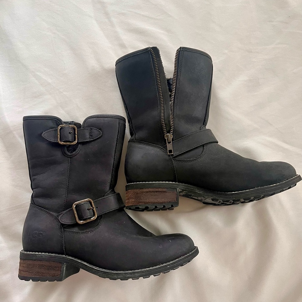 UGG Black Leather Mid-Calf Buckle Ankle Boots